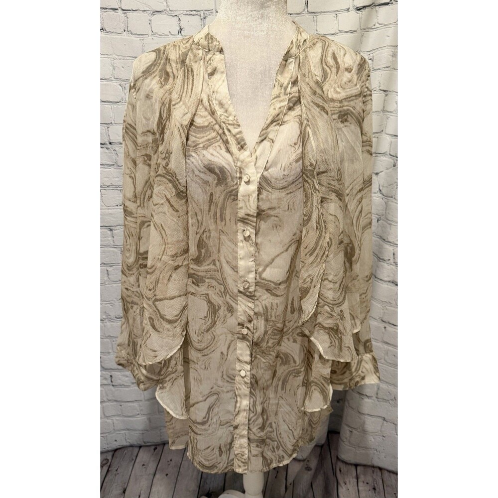 Chico’s Chicos sheer Long Sleeve marble-print blouse front ruffles Size 2 Large